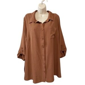 Naif Womens 1X Button Up Shirt Top‎ Tab Long Sleeve Relaxed Fit Brown Casual